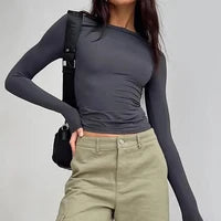 Camiseta feminina de manga curta, gola redonda, slim fit