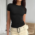 Camiseta feminina de manga curta, gola redonda, slim fit