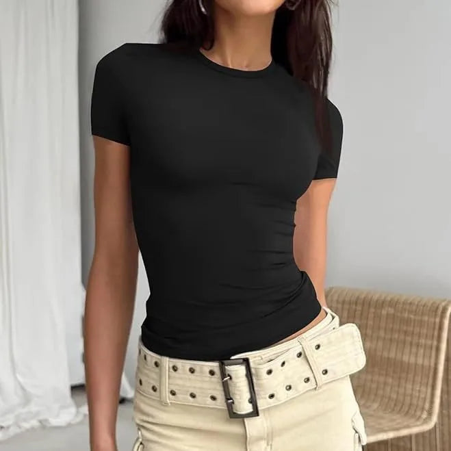 Camiseta feminina de manga curta, gola redonda, slim fit