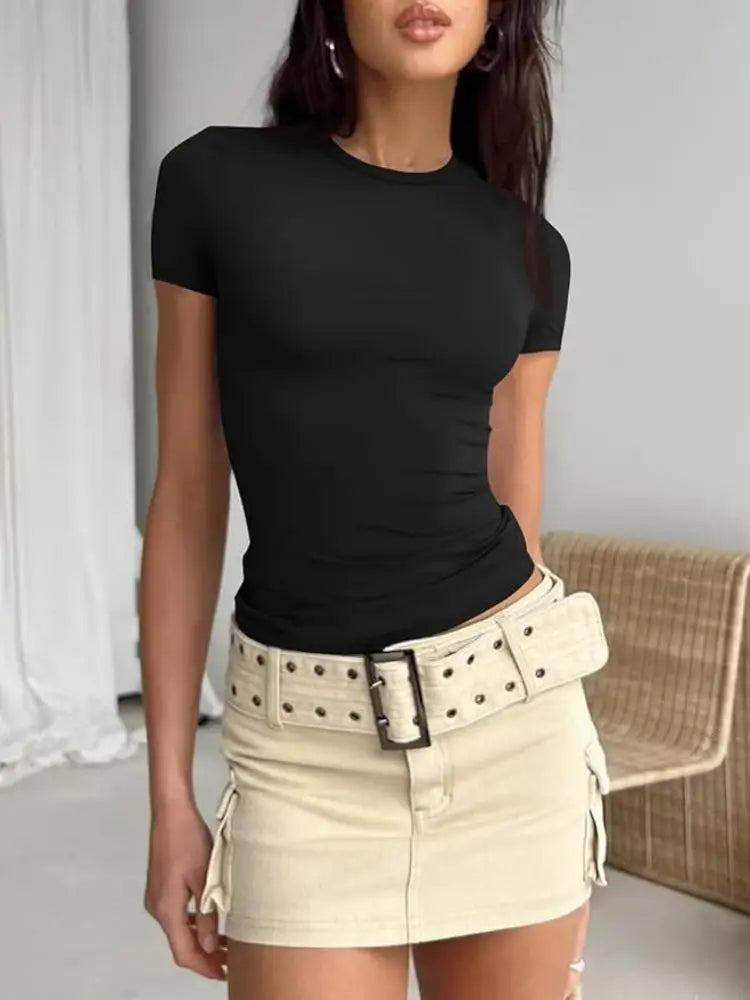 Camiseta feminina de manga curta, gola redonda, slim fit