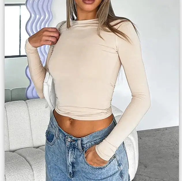 Camiseta feminina de manga curta, gola redonda, slim fit