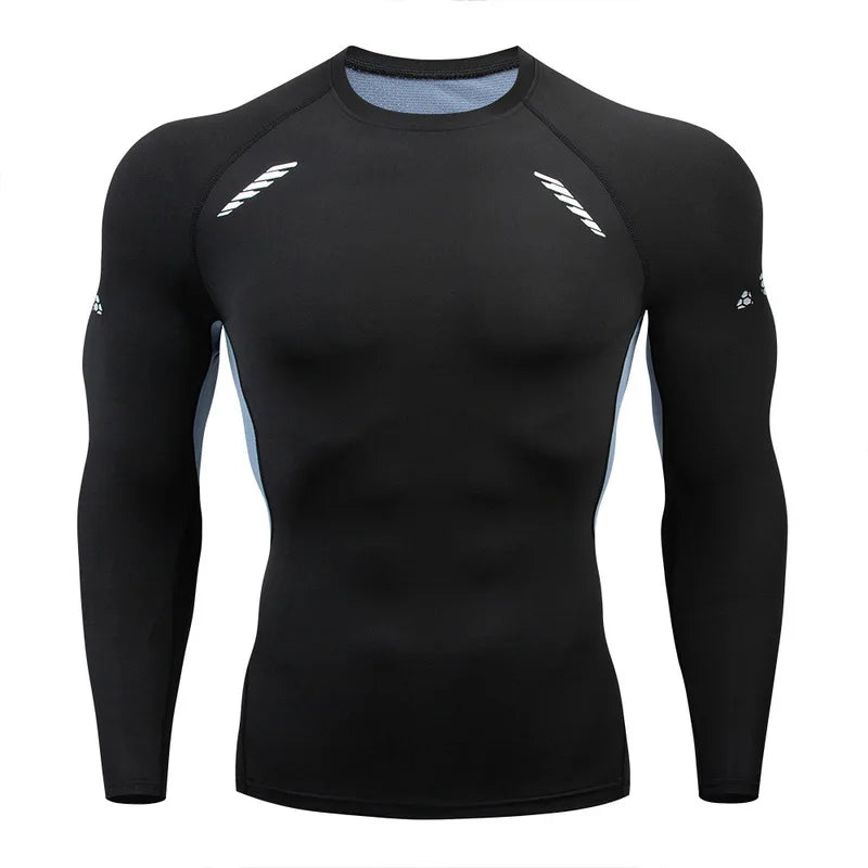 Camiseta masculina esportiva de compressão, secagem rápida, ideal para treino, academia e corrida.