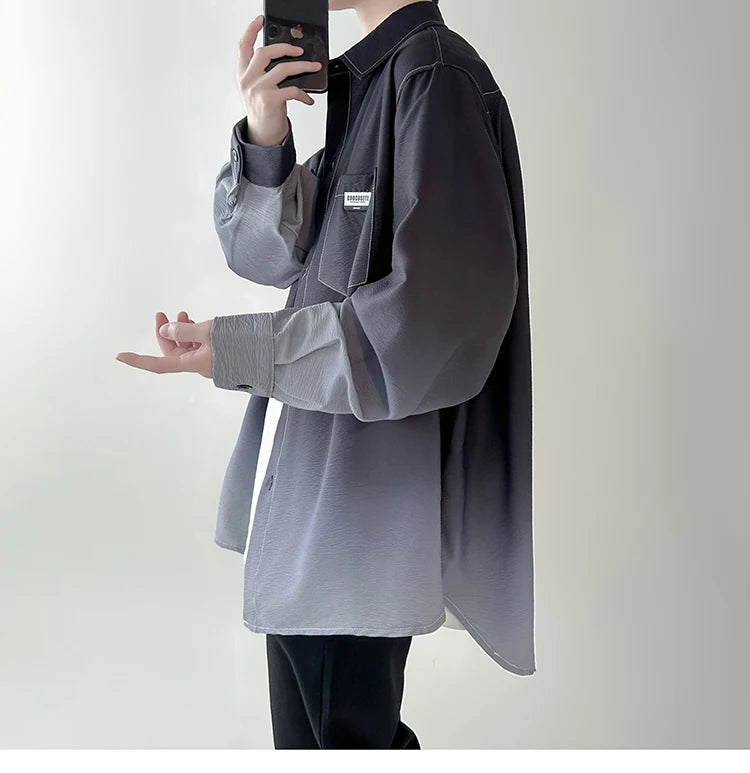🔥 Camisa Masculina Plissada Gradiente Estilo Coreano, Solta e de Alta Qualidade – Estilo, Liberdade e Força em Cada Detalhe