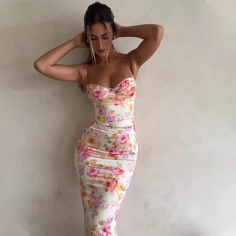 Novo Vestido Floral com Alças Finas e Fenda, estilo verão 2025