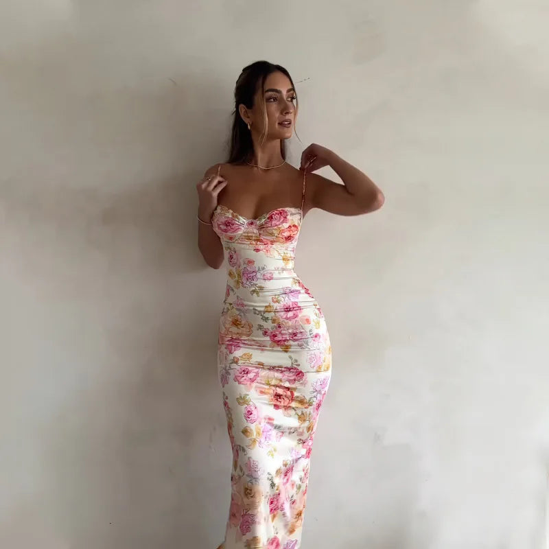 Novo Vestido Floral com Alças Finas e Fenda, estilo verão 2025
