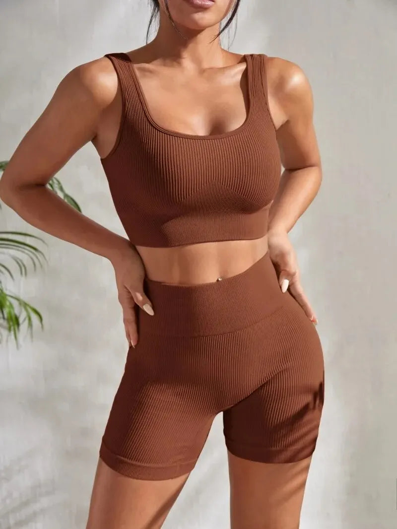 Conjunto de Ioga e Treino Feminino com Nervuras sem Costura (2 peças).