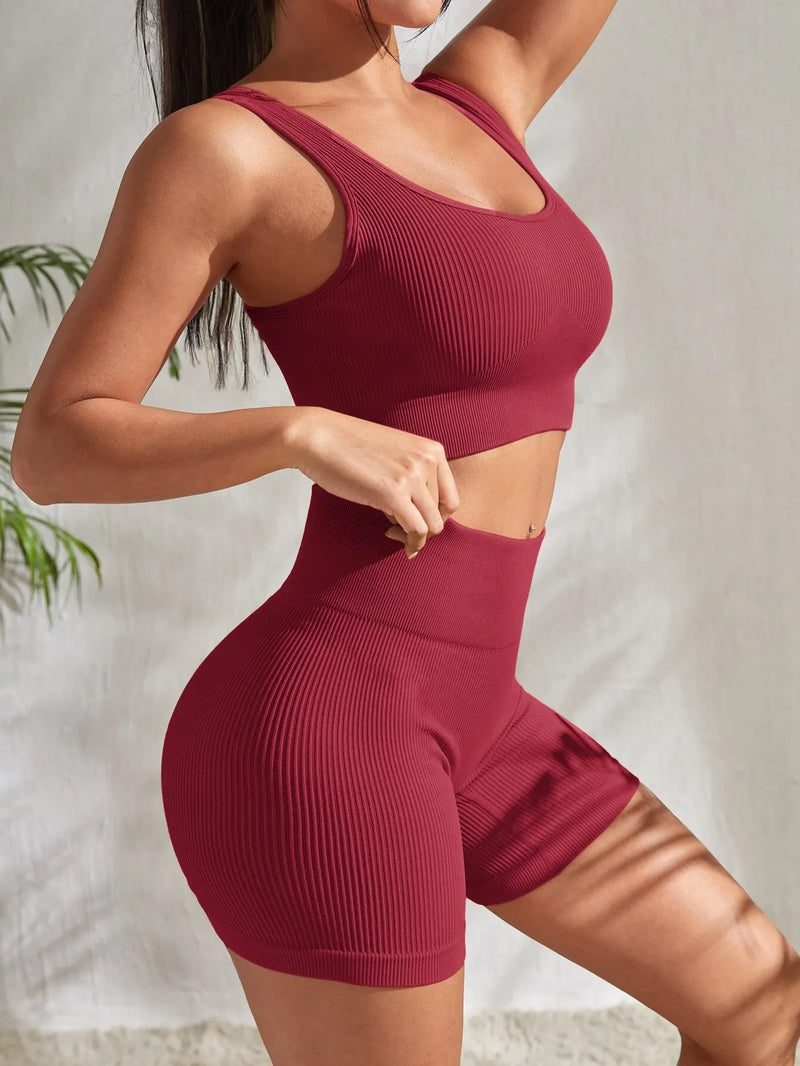 Conjunto de Ioga e Treino Feminino com Nervuras sem Costura (2 peças).