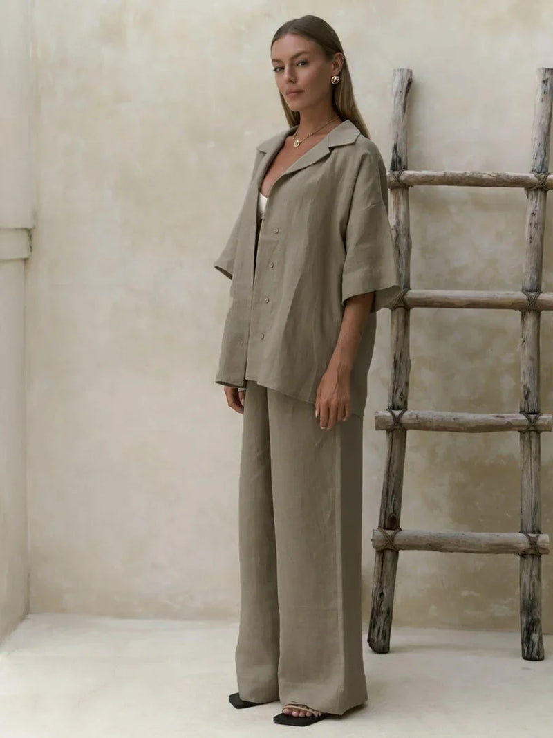 Wolfeel Verão Novo 100% Algodão – Conjunto de 2 Peças (Camisa de Manga Curta + Calça Solta)