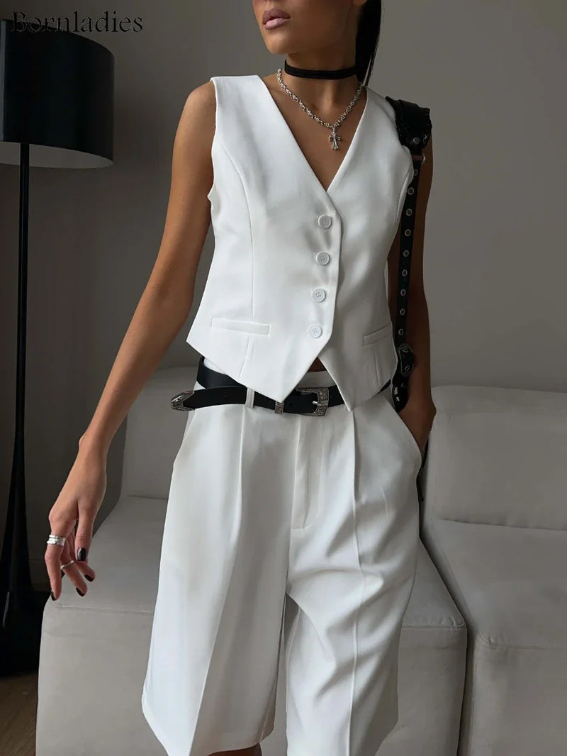 Conjunto de Duas Peças – Colete e Shorts Chiques para Mulheres | Elegância Atemporal de Verão