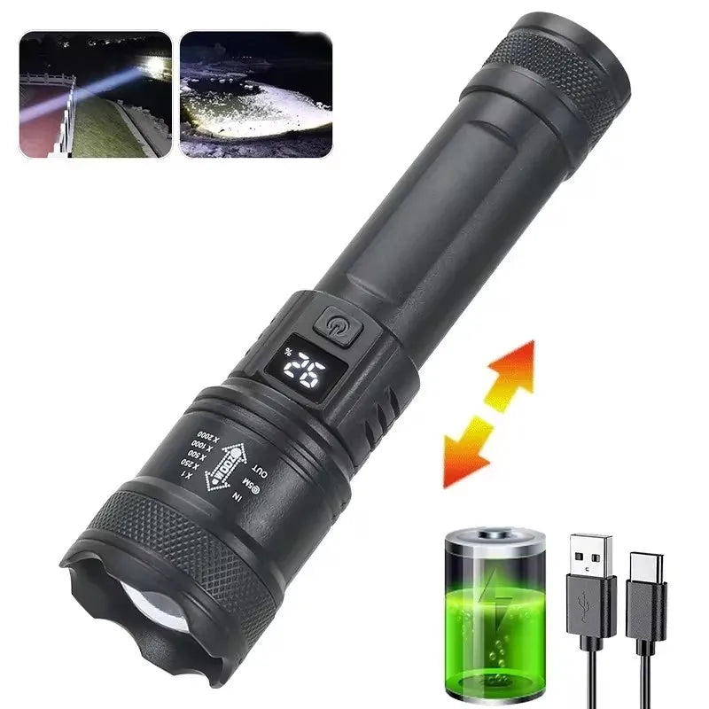 Lanterna superbrilhante de 1600000 LM recarregável por USB LED de longo alcance tática para áreas externas, à prova d'água, para acampamento e pesca