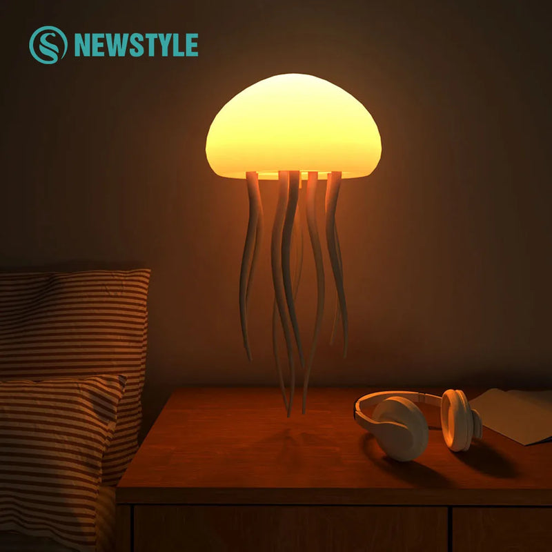 Luz Noturna de Desenho Animado de Água-viva RGB com Controle de Voz – Lâmpada de Cabeceira Tipo C, LED Noturna, Umidificador e Bluetooth Atualizado.