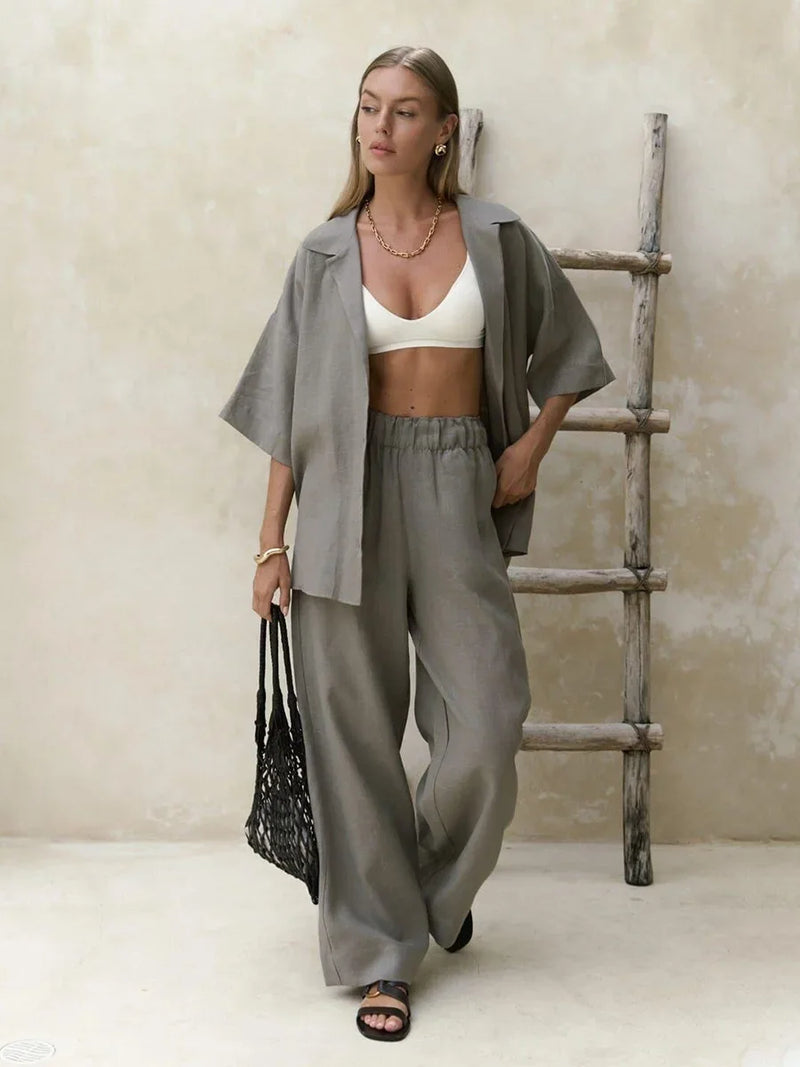 Wolfeel Verão Novo 100% Algodão – Conjunto de 2 Peças (Camisa de Manga Curta + Calça Solta)