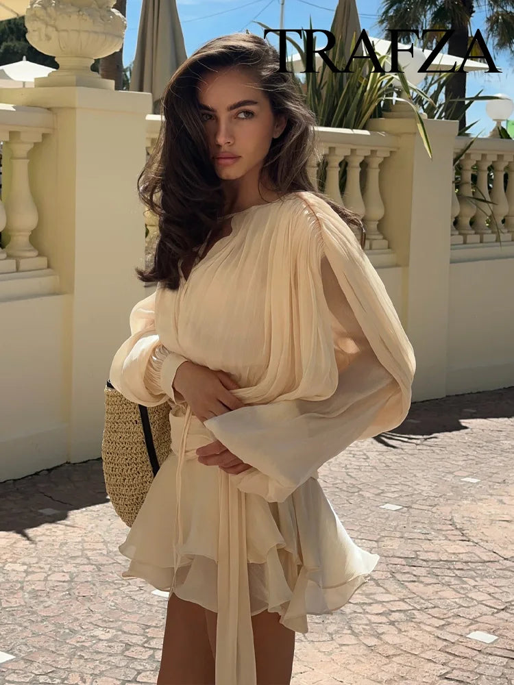 TRAFZA 2025 – Conjunto feminino de verão (vestido curto + shorts slim)