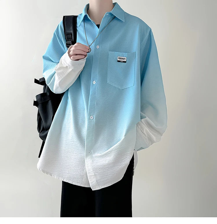 🔥 Camisa Masculina Plissada Gradiente Estilo Coreano, Solta e de Alta Qualidade – Estilo, Liberdade e Força em Cada Detalhe