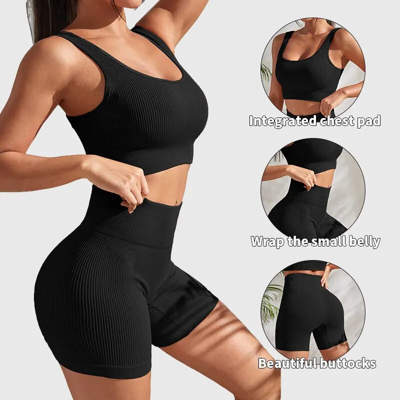 Conjunto de Ioga e Treino Feminino com Nervuras sem Costura (2 peças).