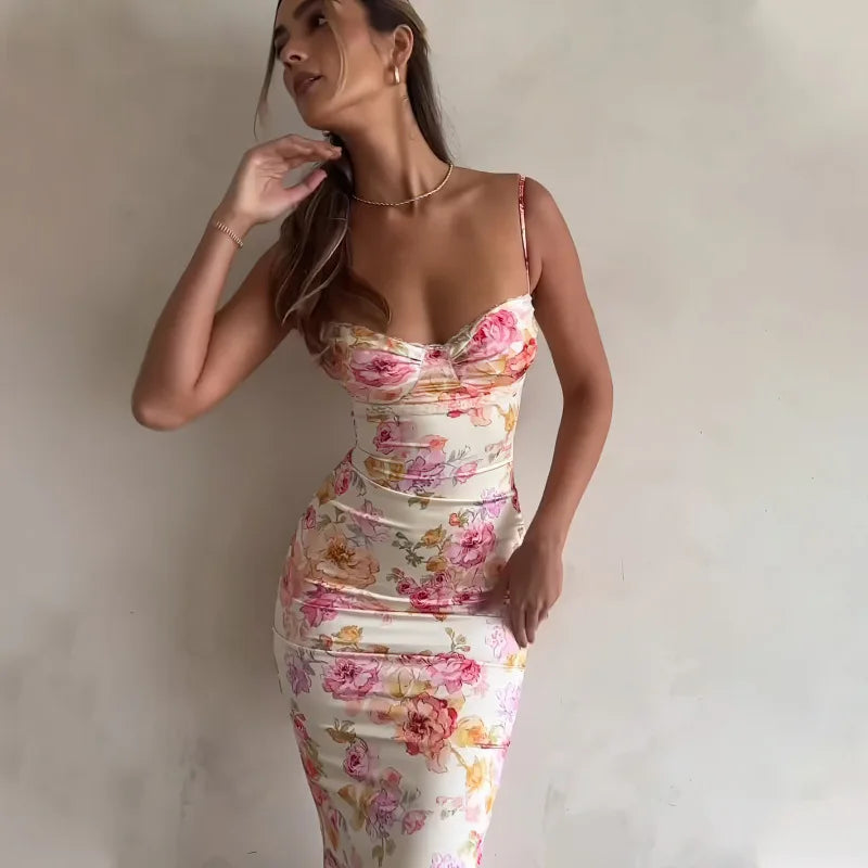Novo Vestido Floral com Alças Finas e Fenda, estilo verão 2025