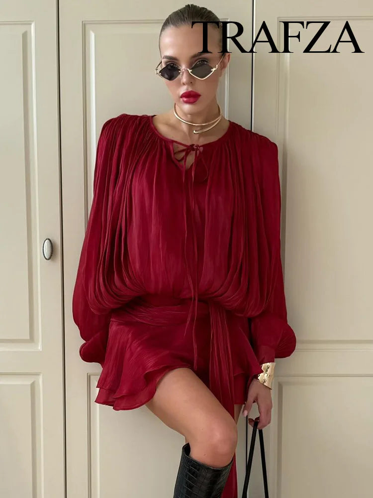 TRAFZA 2025 – Conjunto feminino de verão (vestido curto + shorts slim)
