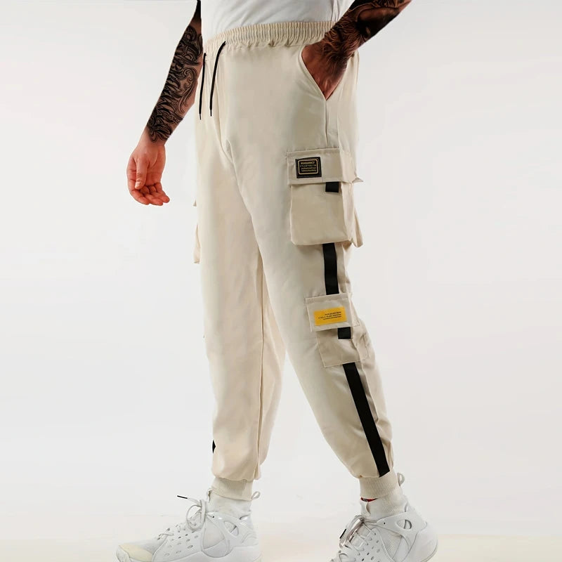 Calça Cargo Masculina com Vários Bolsos, Estilo Urbano, Ajuste Solto e Cordão
