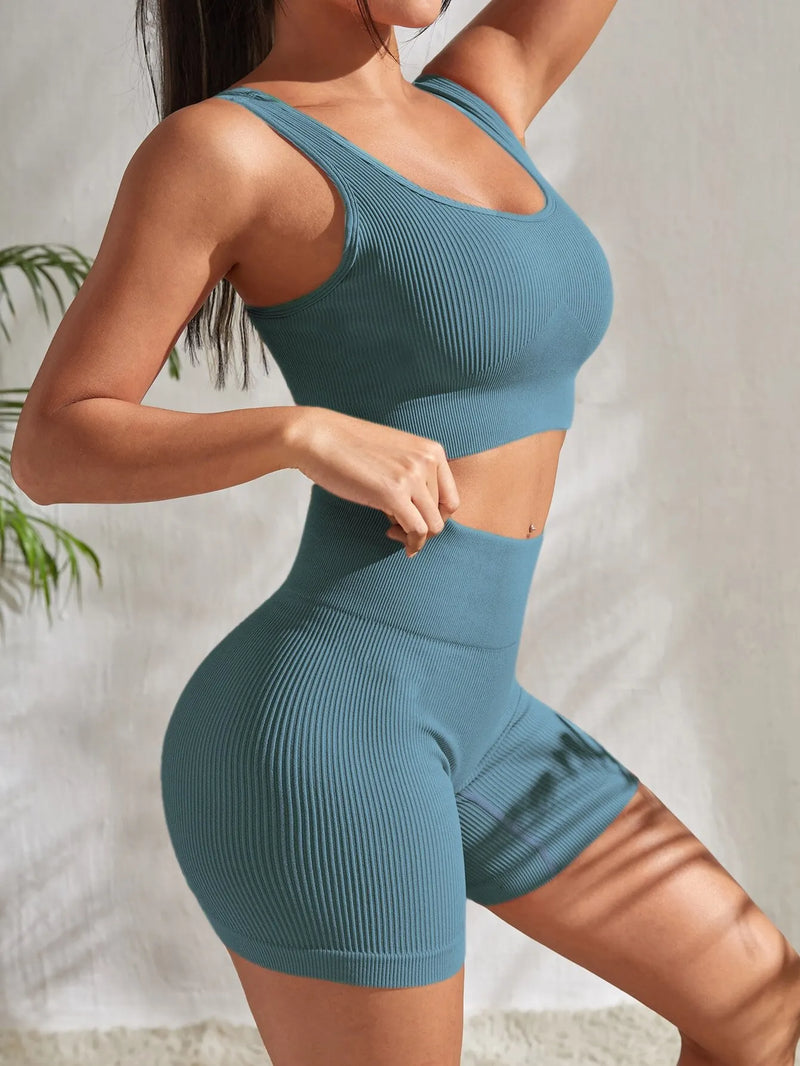 Conjunto de Ioga e Treino Feminino com Nervuras sem Costura (2 peças).