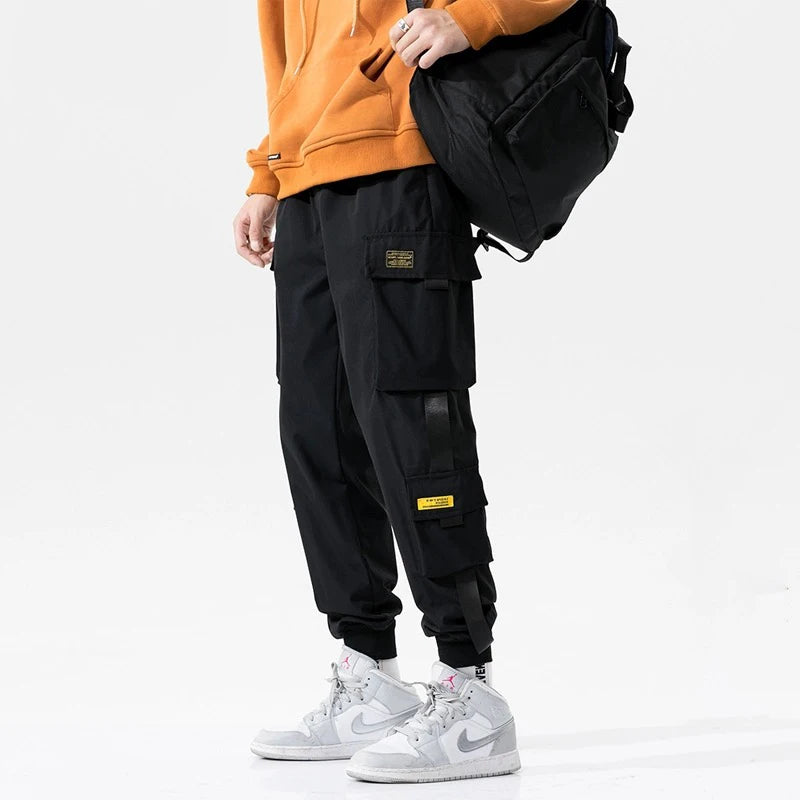 Calça Cargo Masculina com Vários Bolsos, Estilo Urbano, Ajuste Solto e Cordão