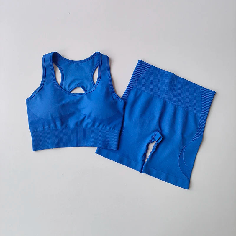 Conjunto de Ioga Feminino Sem Costura — 2 peças (Top Sexy + Shorts de Cintura Alta)