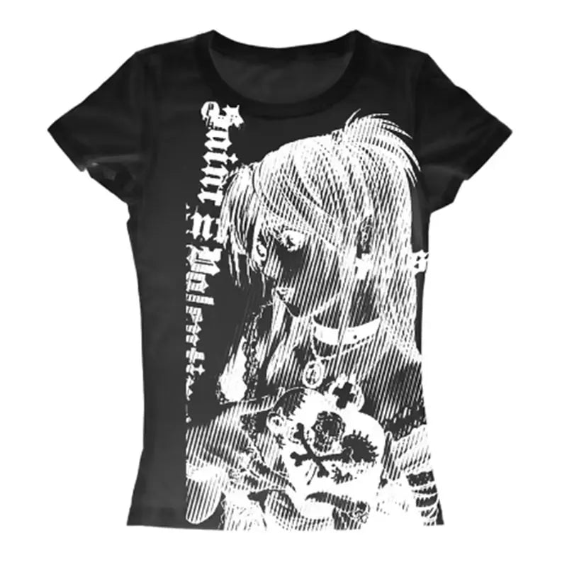 Camiseta feminina curta Y2K/anime/harajuku estética emo anos 90