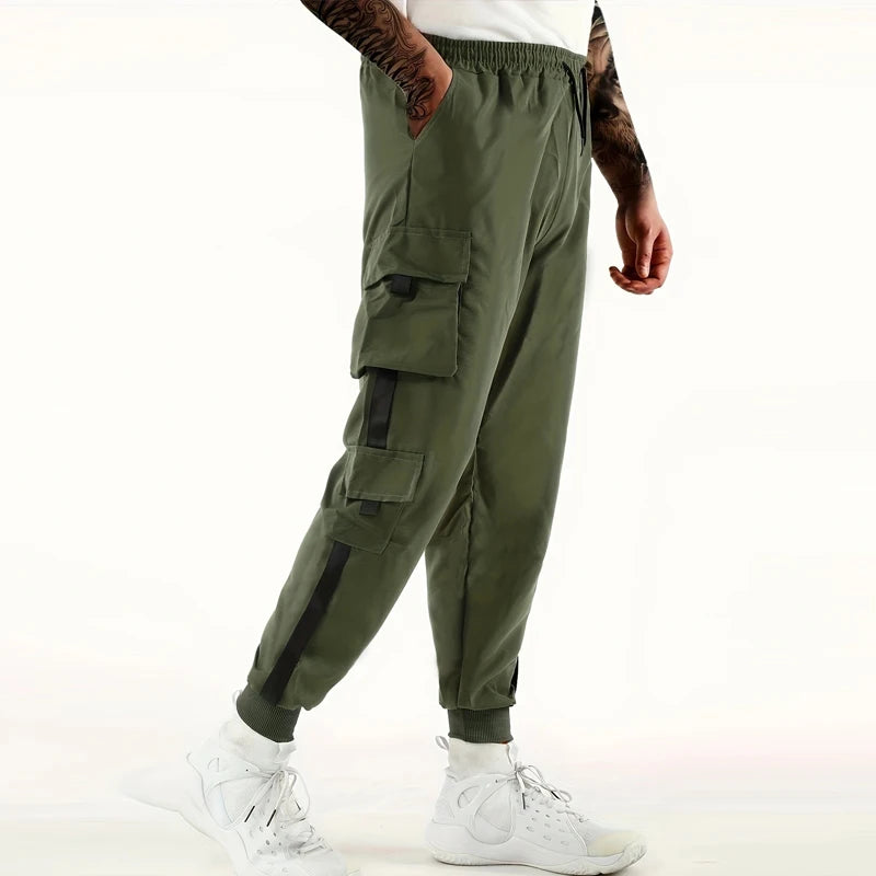 Calça Cargo Masculina com Vários Bolsos, Estilo Urbano, Ajuste Solto e Cordão