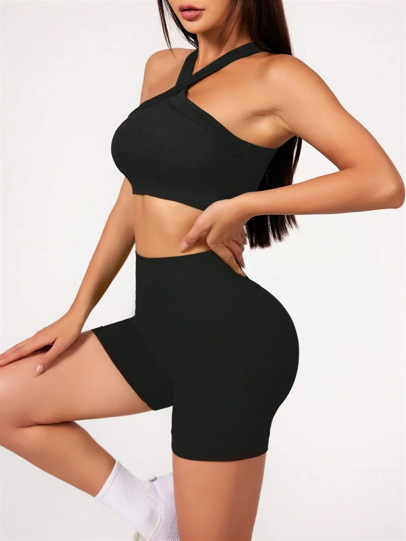 🌿 Conjunto de Ioga 2 Peças de Ioga Feminino (shorts de cintura alta + sutiã esportivo com tiras) – Sinta Seu Corpo, Desperte Sua Alma