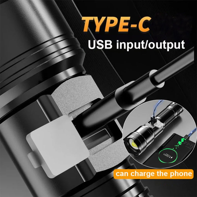Lanterna superbrilhante de 1600000 LM recarregável por USB LED de longo alcance tática para áreas externas, à prova d'água, para acampamento e pesca
