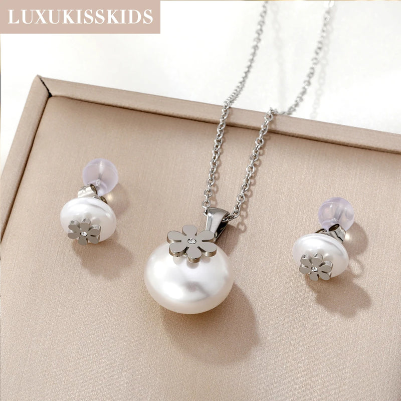 LUXUKISSKIDS – Conjunto de Brincos e Gargantilha com Pingente de Gota D’Água em Aço Inoxidável