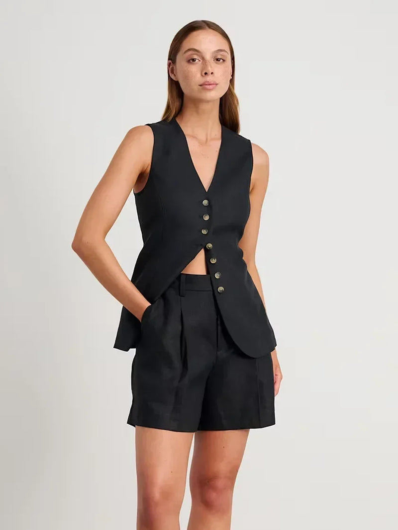 🌿 Wolfeel | Conjunto Algodão Linho Chique Casual Feminino Regata & Shorts – A Essência da Mulher Livre
