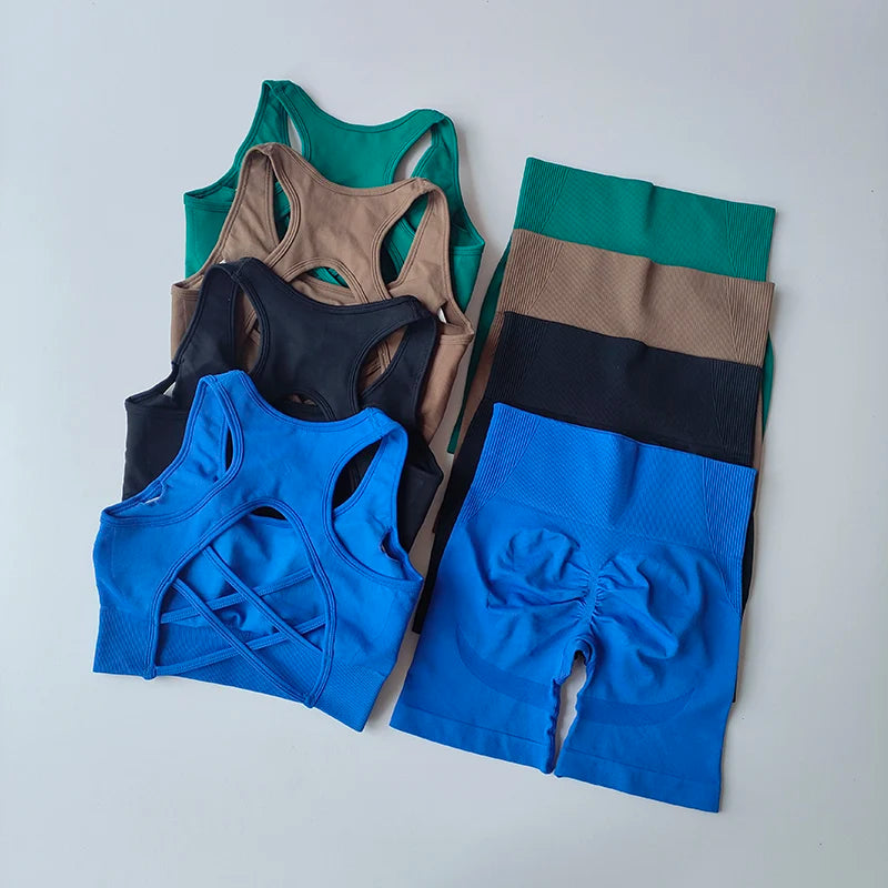 Conjunto de Ioga Feminino Sem Costura — 2 peças (Top Sexy + Shorts de Cintura Alta)