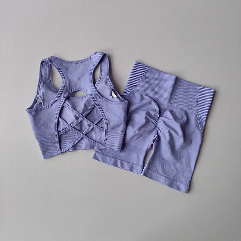 Conjunto de Ioga Feminino Sem Costura — 2 peças (Top Sexy + Shorts de Cintura Alta)