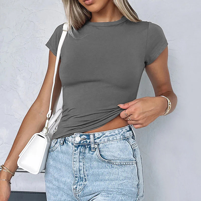 Camiseta feminina de manga curta, gola redonda, slim fit