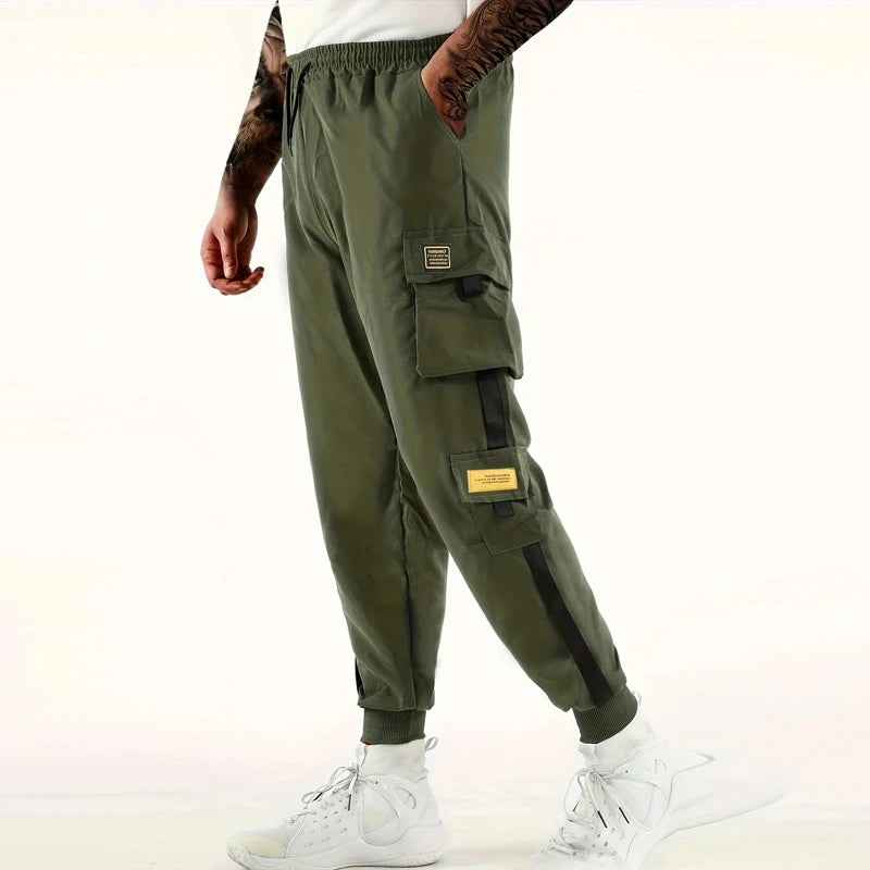 Calça Cargo Masculina com Vários Bolsos, Estilo Urbano, Ajuste Solto e Cordão