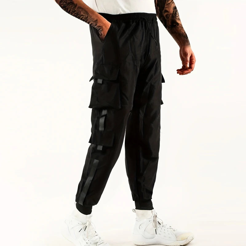 Calça Cargo Masculina com Vários Bolsos, Estilo Urbano, Ajuste Solto e Cordão