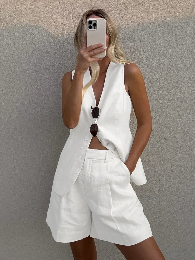 🌿 Wolfeel | Conjunto Algodão Linho Chique Casual Feminino Regata & Shorts – A Essência da Mulher Livre