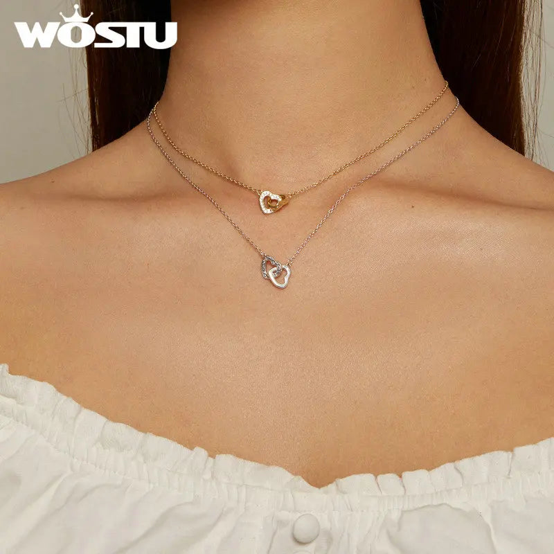 💞 Colar com Pingente de Coração de Casal WOSTU em Prata 925 – Um Presente que Une Almas