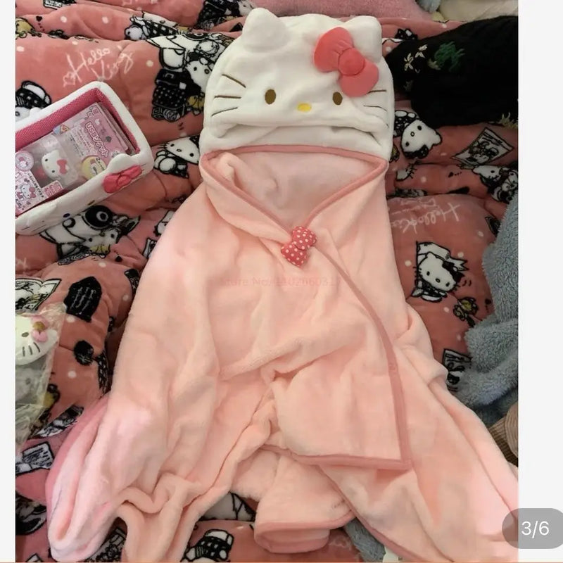 Sanrio Cloak Kuromi, Cinnamoroll, Hello Kitty, My Melody — Manta de Pelúcia com Capuz.