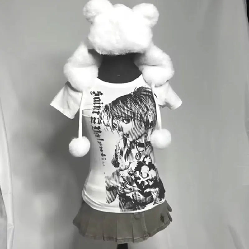 Camiseta feminina curta Y2K/anime/harajuku estética emo anos 90