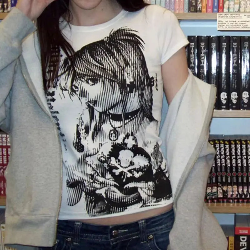 Camiseta feminina curta Y2K/anime/harajuku estética emo anos 90