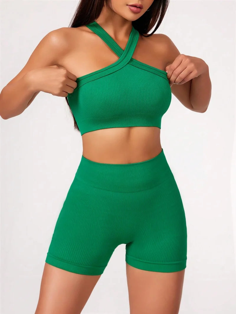 🌿 Conjunto de Ioga 2 Peças de Ioga Feminino (shorts de cintura alta + sutiã esportivo com tiras) – Sinta Seu Corpo, Desperte Sua Alma