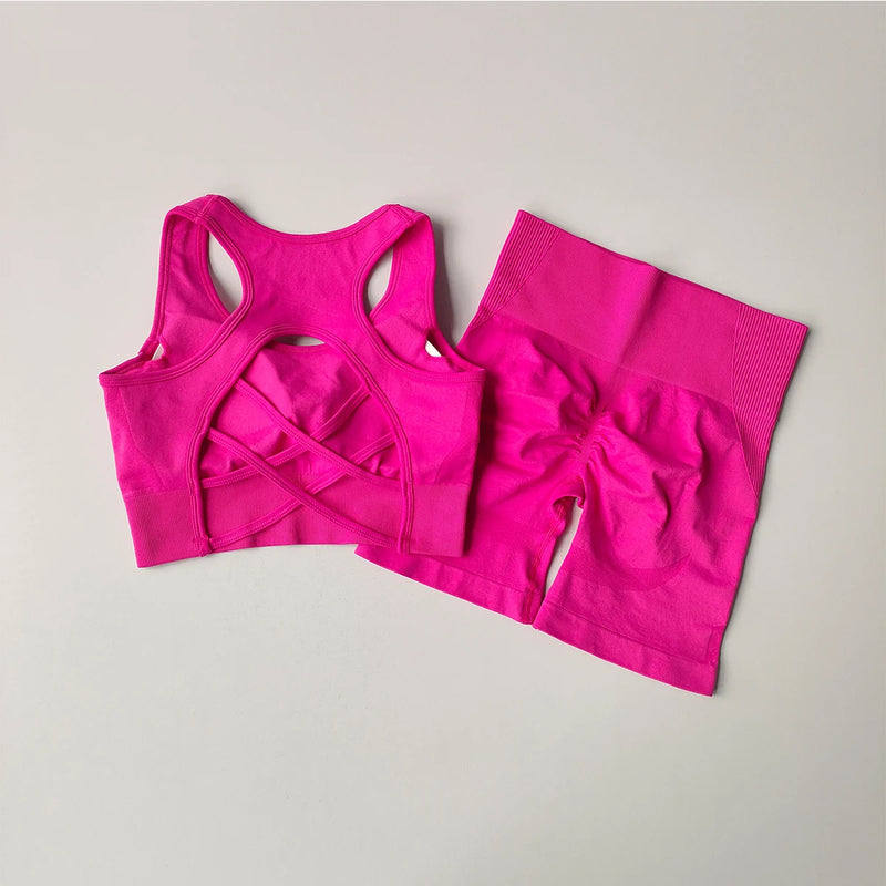 Conjunto de Ioga Feminino Sem Costura — 2 peças (Top Sexy + Shorts de Cintura Alta)