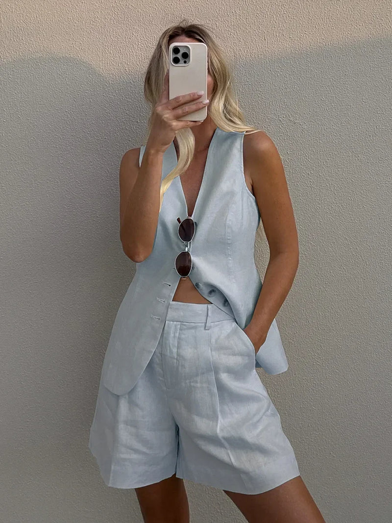 🌿 Wolfeel | Conjunto Algodão Linho Chique Casual Feminino Regata & Shorts – A Essência da Mulher Livre