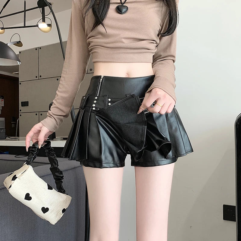 Saia feminina gótica preta de couro plissada estilo Y2K