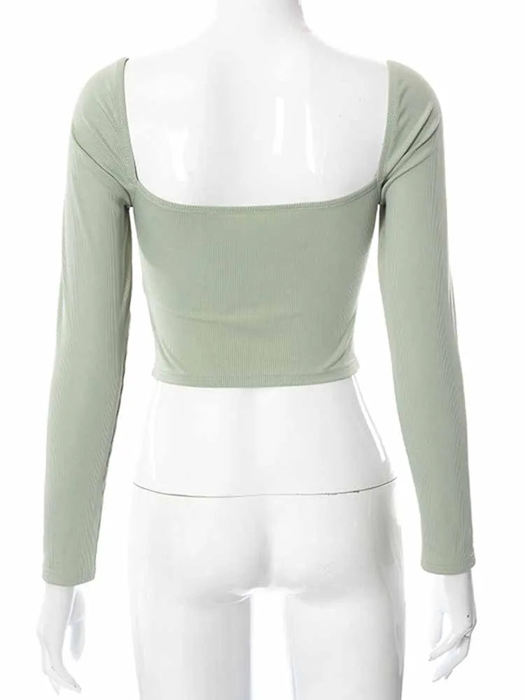 Top Feminino Essência Livre - Decote em V Vazado • Gola Quadrada com Nervuras • Manga Longa • Estilo Sem Costas