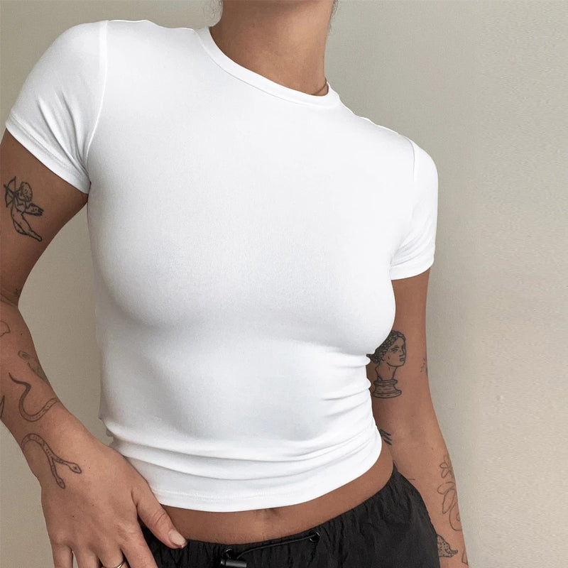 Camiseta feminina de manga curta, gola redonda, slim fit