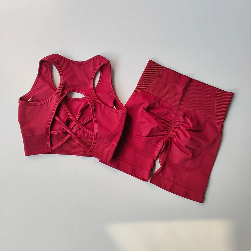 Conjunto de Ioga Feminino Sem Costura — 2 peças (Top Sexy + Shorts de Cintura Alta)