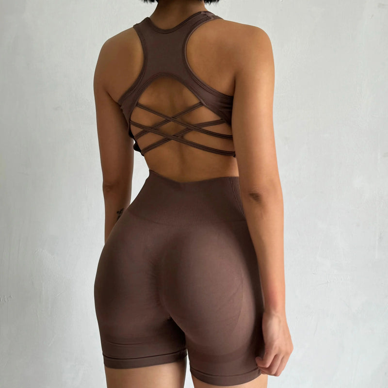 Conjunto de Ioga Feminino Sem Costura — 2 peças (Top Sexy + Shorts de Cintura Alta)
