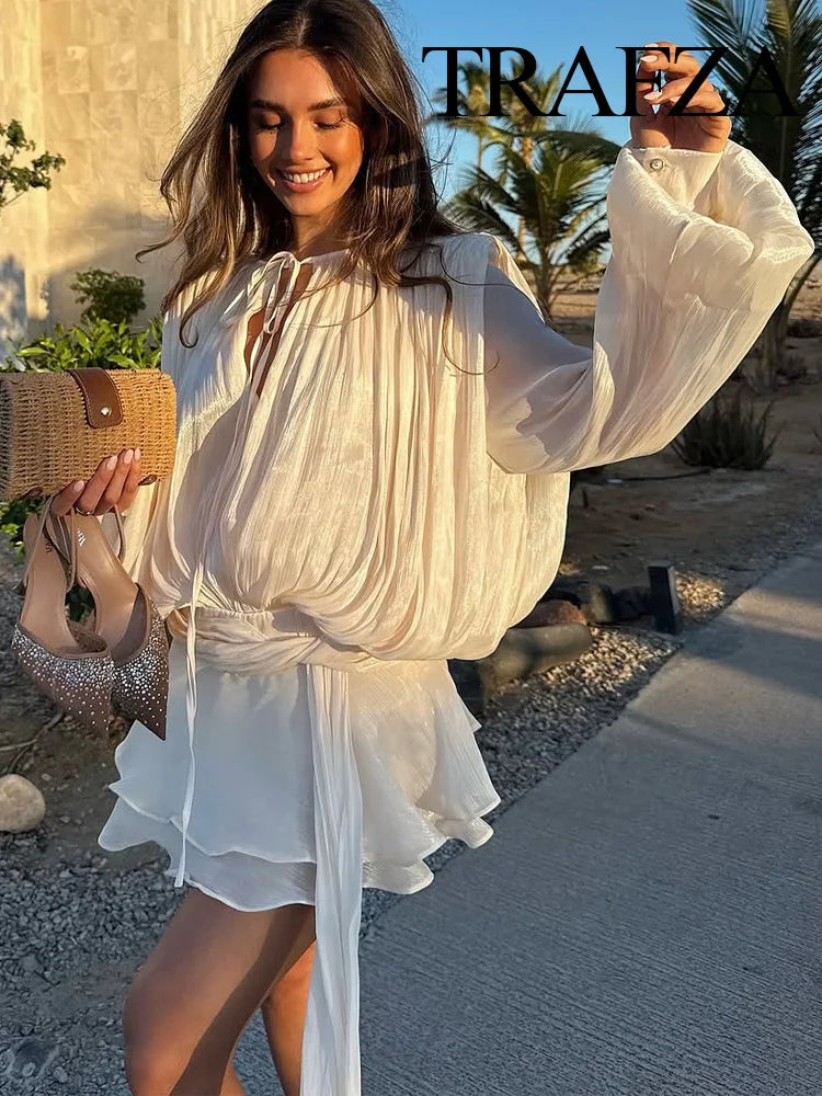 TRAFZA 2025 – Conjunto feminino de verão (vestido curto + shorts slim)